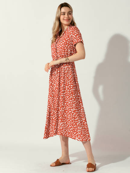 Allegra K- Floral V-Neck Short Sleeve Midi Dress