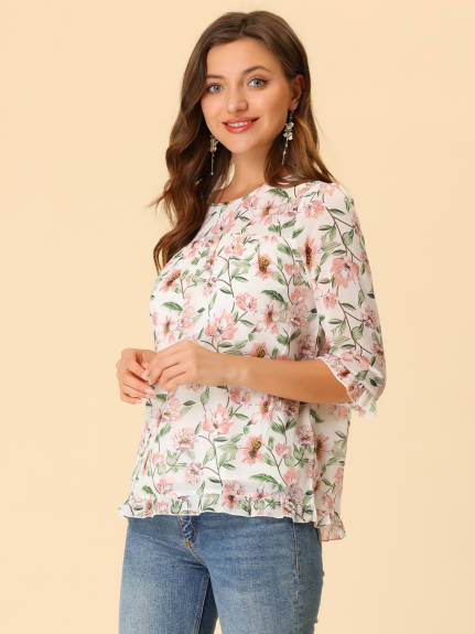 Allegra K- Floral Ruffled 3/4 Sleeve Chiffon Blouse