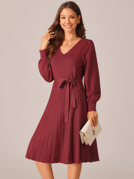 INSPIRE CHIC - V-Neck Tie Waist Pleated Dress