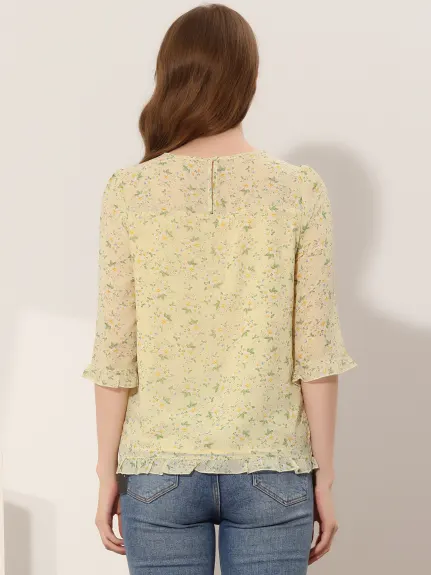 Allegra K- Blouse florale en mousseline à manches 3/4 et à volants