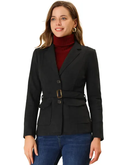 Allegra K- Manteau blazer à simple boutonnage avec ceinture en faux suède