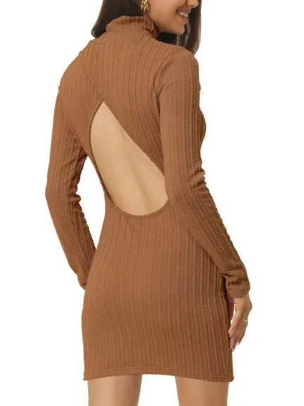 Allegra K- Mock Neck Backless Long Sleeve Cable Knit Cut Out Bodycon Mini Dress