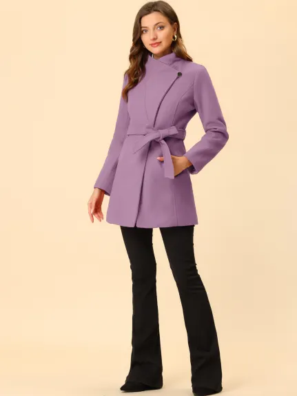 Allegra K- Classic Stand Collar Belted Long Coat