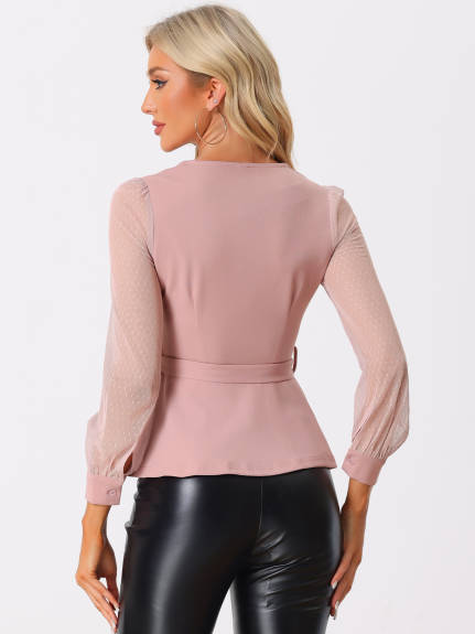 Allegra K - Mesh Long Sleeve Peplum Top with Belt