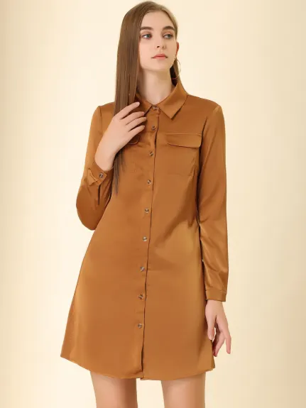 Allegra K- Button Down Satin Shirt Dress