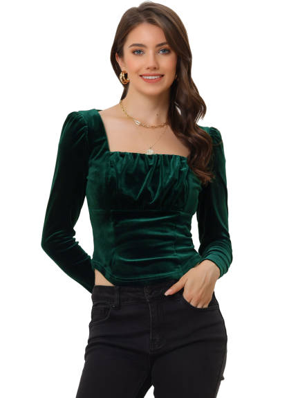 Allegra K- Velvet Long Sleeve Square Neck Cropped Blouse