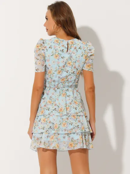 Allegra K- Layered Floral Chiffon Shirred Summer Mini Dress