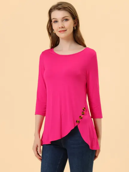 Allegra K- 3/4 Sleeve Tunic Asymmetry Button Top