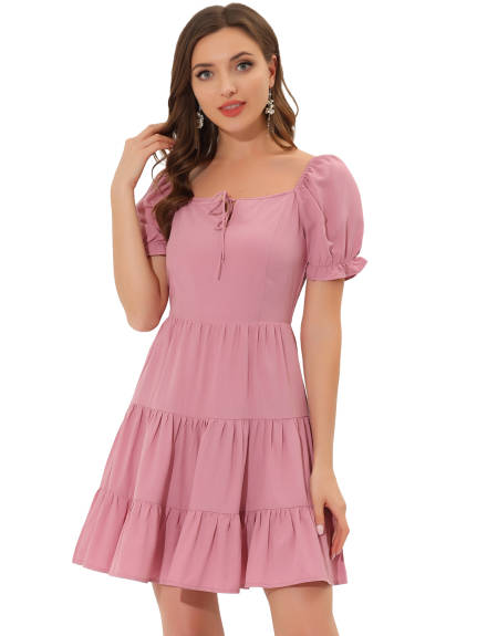 Allegra K- Tie Neck Ruffle Short Sleeve Dress