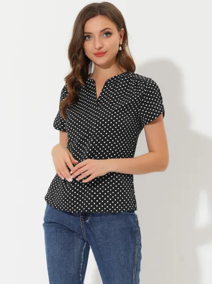 Allegra K- Dots Printed V Neck Short Sleeve Blouse