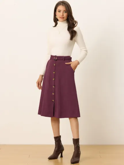 Allegra K - Button Front A-Line Belted Corduroy Skirt