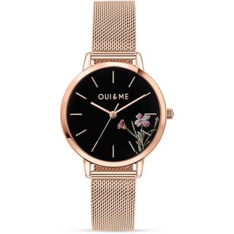 OUI & ME-Fleurette 32mm 3 Hand Pink Raised Flowers Dial Watch With Stainless Steel Mesh Bracelet