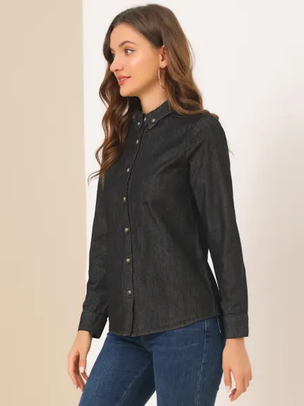 Allegra K- Long Sleeve Button Down Jean Denim Shirt