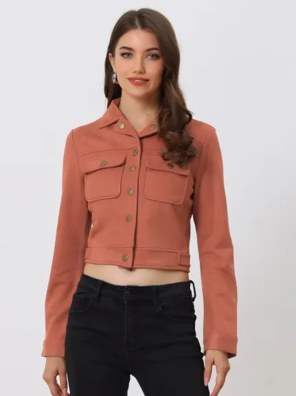 Allegra K- Faux Suede Notched Collar Button Up Cropped Jacket