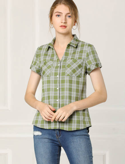 Allegra K- Cotton Short Sleeves Plaid Shirts