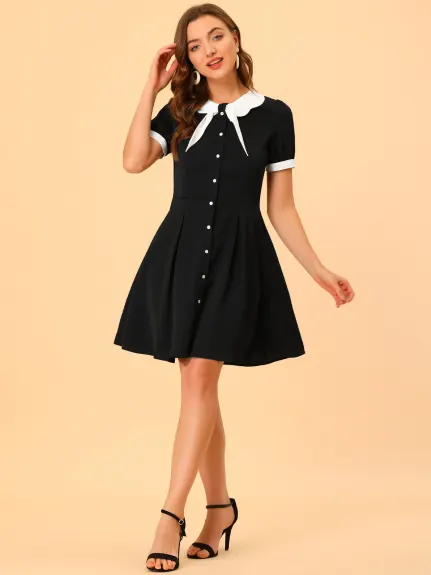 Allegra K- Contrast Collar Button Front Tie Neck Dress