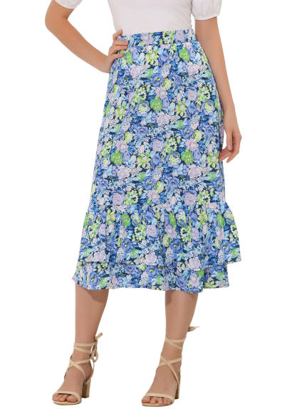 Allegra K- Zipper Printed Chiffon Ruffle Tiered Midi Skirt