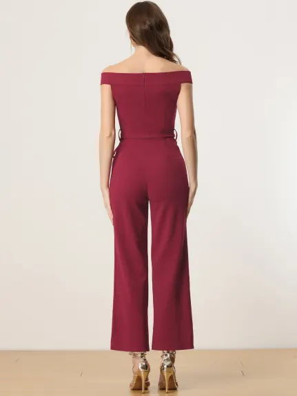 Allegra K - Elegant Off-Shoulder Belted Long Jumpsuit