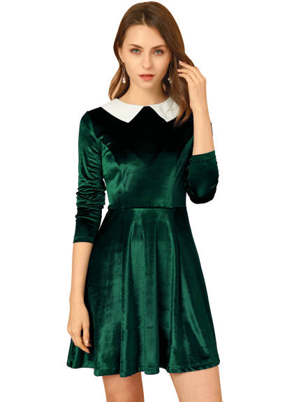 Allegra K- Velvet Long Sleeve Peter Pan Collar Flare Dress