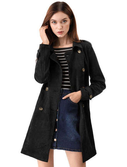 Allegra K- Notched Lapel Double Breasted Faux Suede Trenchcoat