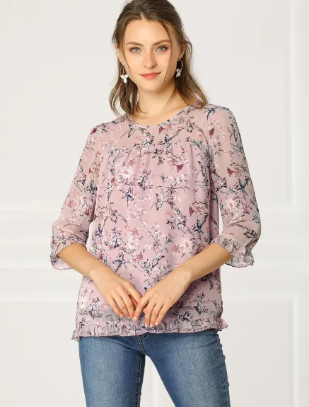 Allegra K- Floral Ruffled 3/4 Sleeve Chiffon Blouse