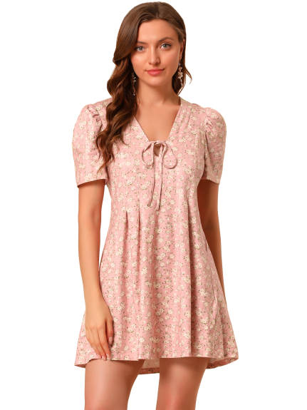 Allegra K- Floral Short Sleeves Flare Dress