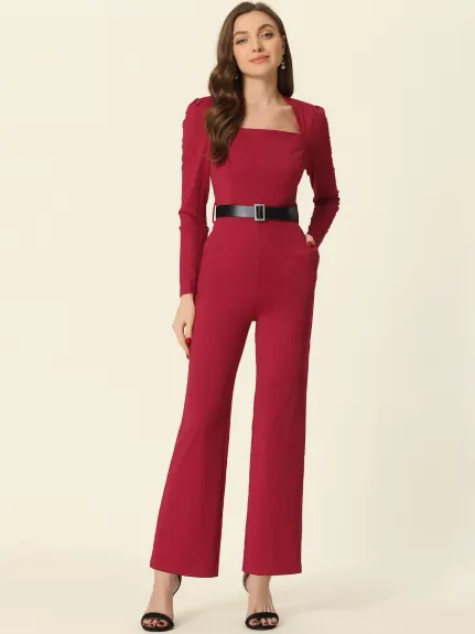 Allegra K - Square Neck Long Sleeve Straight Jumpsuit