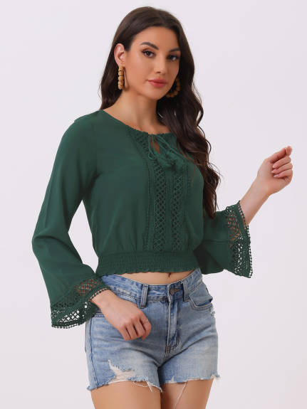 Allegra K- Lace Tie Neck Bell Sleeve Cropped Top