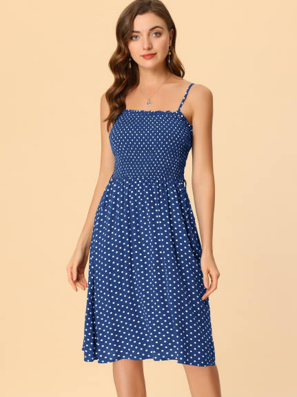 Allegra K- Polka Dots Tie Waist Smocked Spaghetti Strap Dress