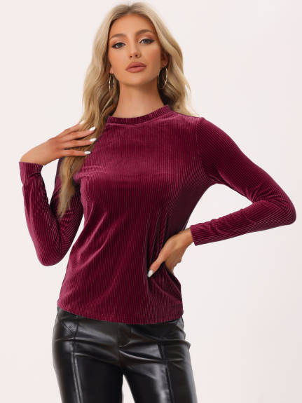 Allegra K- Mock Neck Long Sleeve Ribbed Knit Velvet Blouse