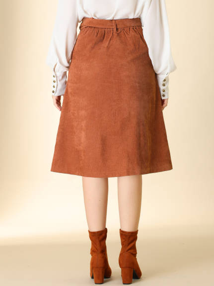 Allegra K - Button Front A-Line Belted Corduroy Skirt