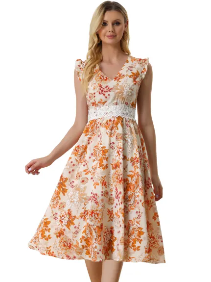 Allegra K- V Neck Lace Insert Waist Midi Floral Sundress