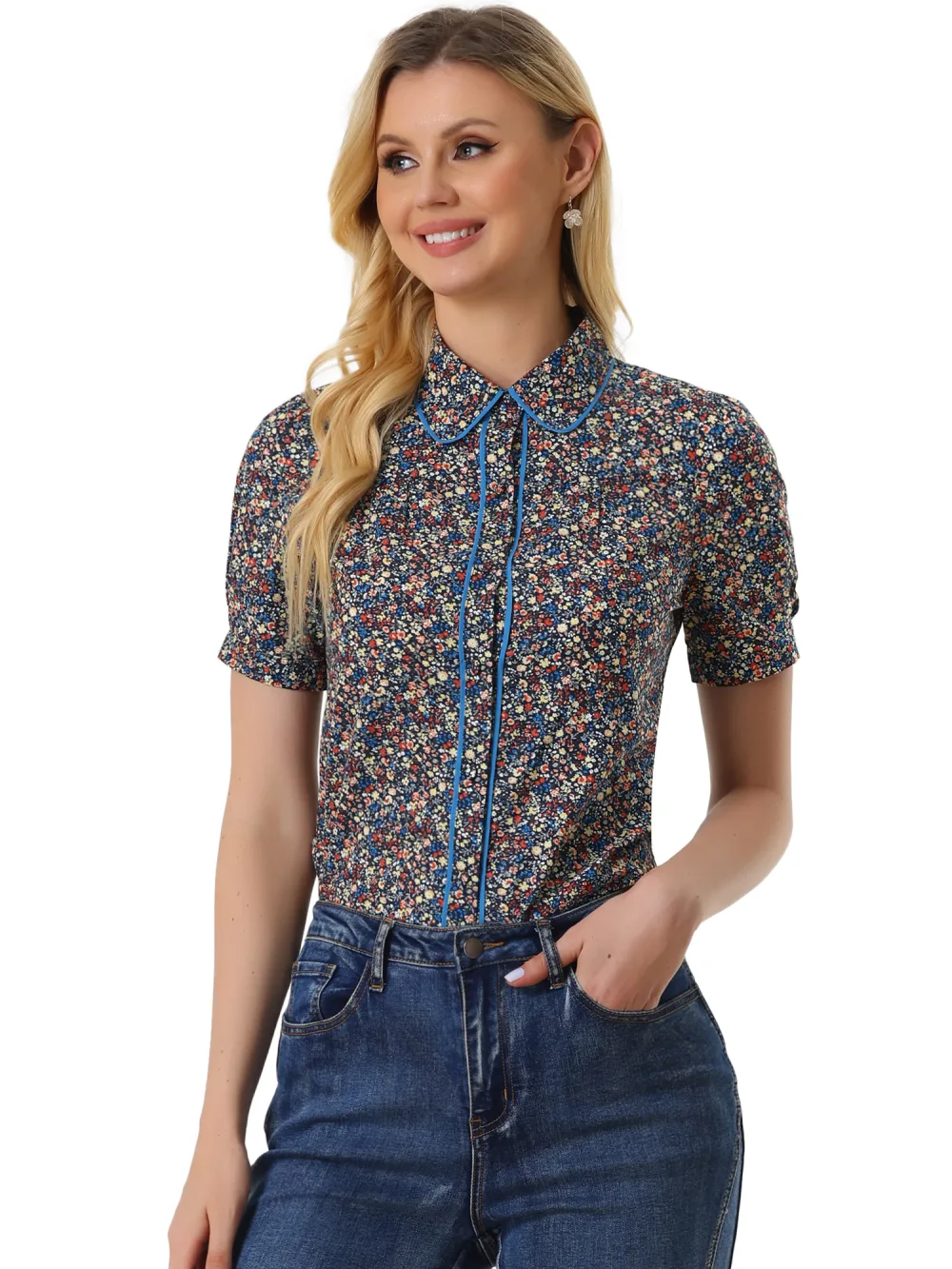 Allegra K- Contrast Trim Puff Sleeve Floral Shirt