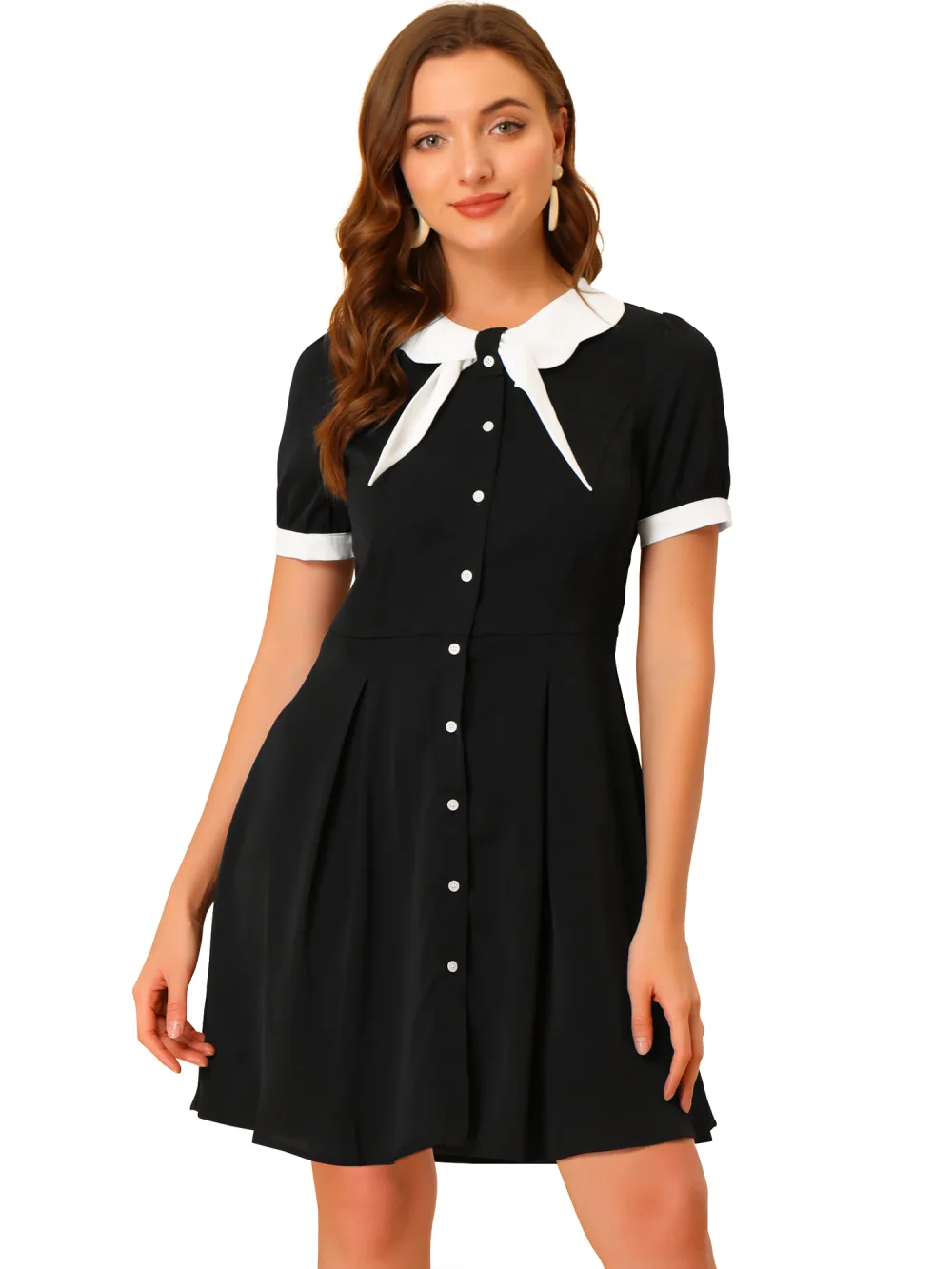 Allegra K- Contrast Collar Button Front Tie Neck Dress