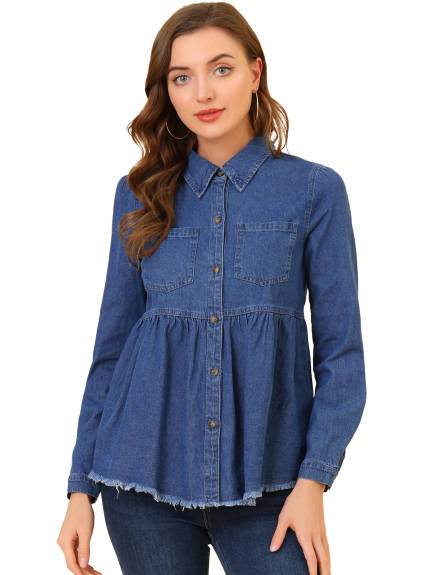 Allegra K- Long Sleeve Peplum Button Down Denim Shirt