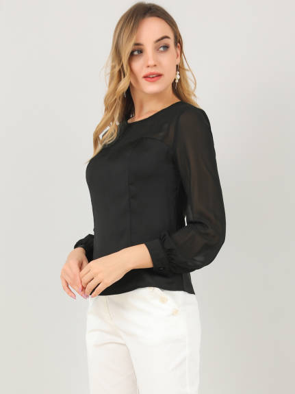 Allegra K- Satin Mesh Panel Sheer Lantern Sleeve Top