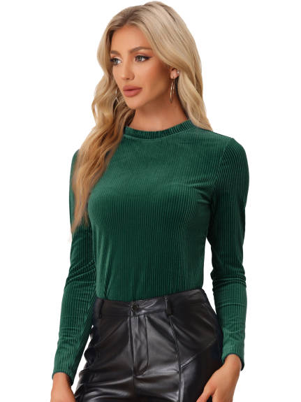 Allegra K- Mock Neck Long Sleeve Ribbed Knit Velvet Blouse