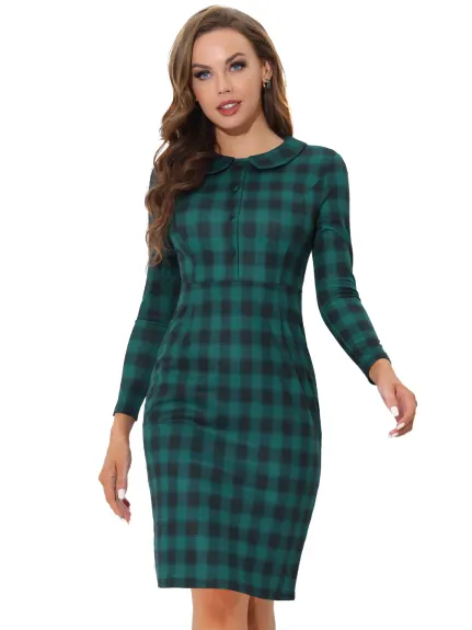 Allegra K- robe manches longues col Peter Pan Gingham Bodycon crayon fourreau