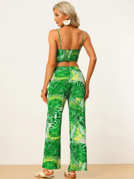 Allegra K- Two Piece Tropical Print Cami Crop Top Elastic Waist Wide Leg Pants Set