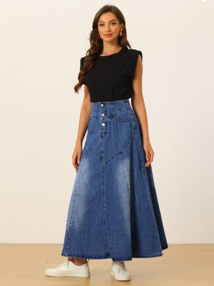 Allegra K- High Waisted A-Line Flared Maxi Denim Skirt