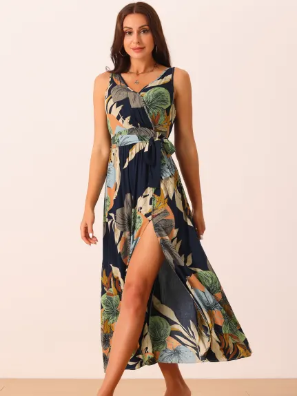 Allegra K- V Neck Floral Split Belted Sundress