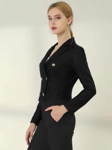 Allegra K- Double Breasted Notched Lapel Cropped Blazer