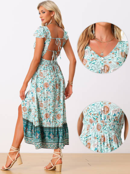 Allegra K- Boho Floral Smocked Waist V Neck Dress