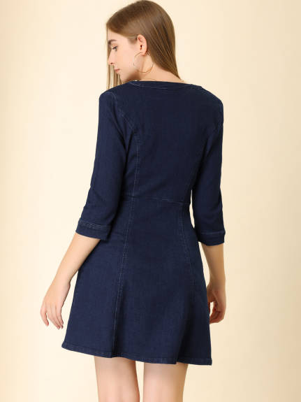 Allegra K- Stretchy Split Neck 3/4 Sleeve Denim Dress