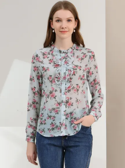 Allegra K- Floral Long Sleeve Button Down Chiffon Shirt