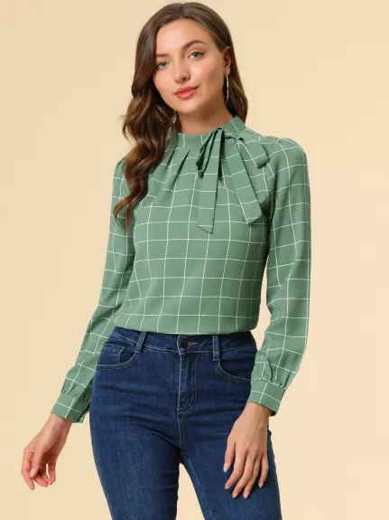 Allegra K- Bow-Tie Neck Blouse Checks Shirt