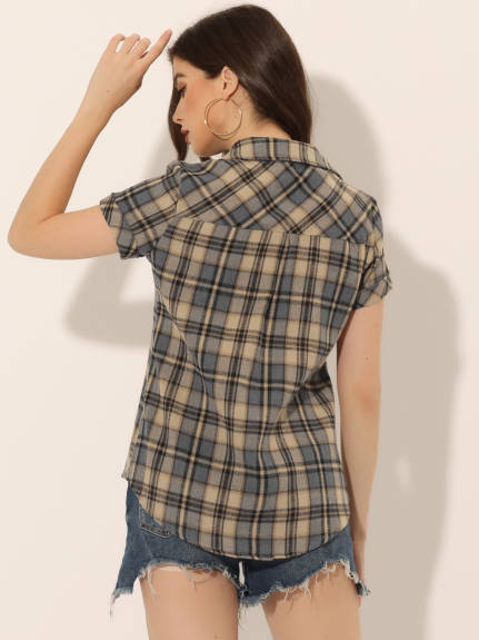 Allegra K- Cotton Short Sleeves Plaid Shirt