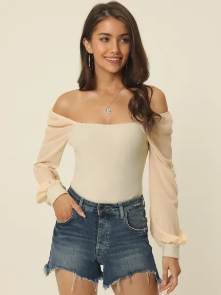 Allegra K- Square Neck Sheer Shoulder Bodysuit Blouse