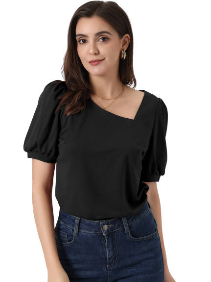 Allegra K - Asymmetrical Neckline Short Sleeve Top