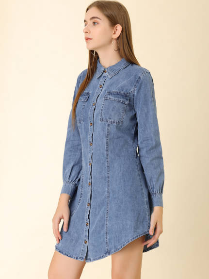 Allegra K- Long Sleeve Curved Hem Denim Shirt dress